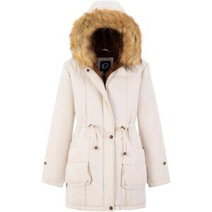 Women's Long Beige Hooded Jacket Overcoat Winter Warm Fleece Lined Fur Trim